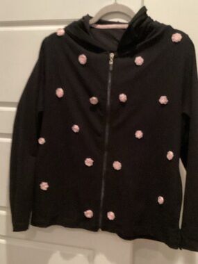 Black Zip-Up Hoodie with Pink Rosette Accents